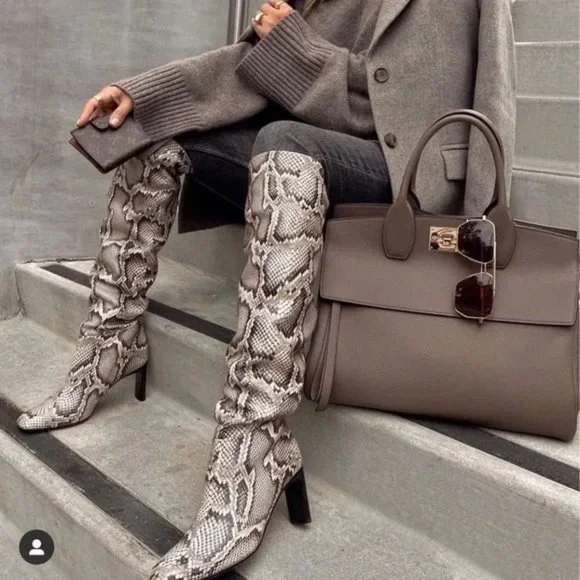 ZARA Knee High Heeled Snake Boots - Picture 4 of 6